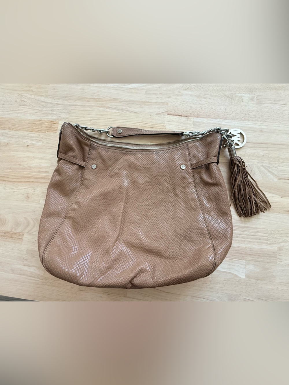 Michael Kors Brown Textured Leather Shoulder Hobo with Tassel Charm